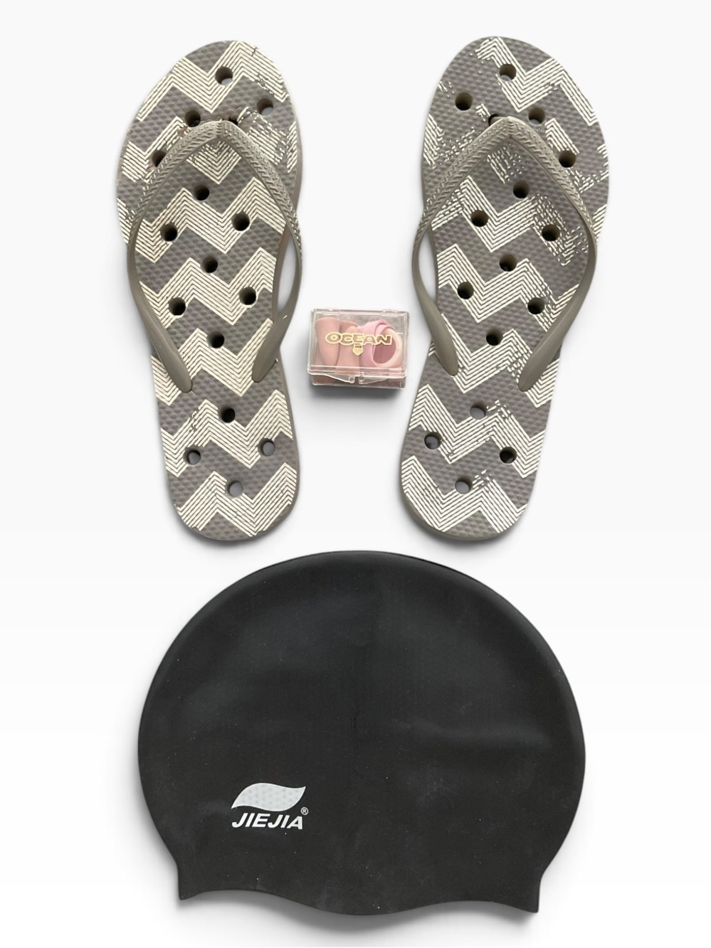 WATER Flip Flops Women’s Gray White w/Black Silicon Swim Cap Latex Nose Clip